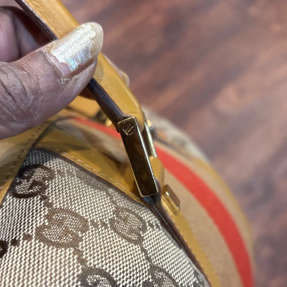 Gucci Beige and Red Stripe Satchel with Yellow Accents - Picture 11 of 14